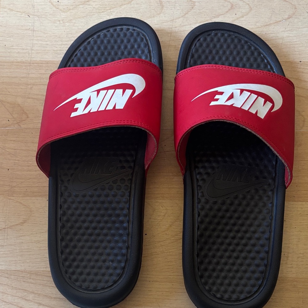 Nike Red and Black Logo Slide Sandals